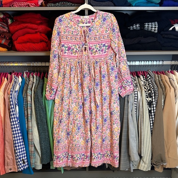 R. Vivimos pink/yellow/blue floral long sleeve elastic cuff midi dress size S - Picture 1 of 3